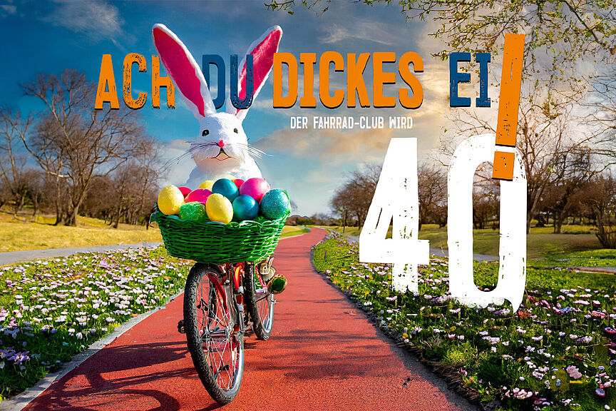 Jetzt Mitglied werden beim ADFC NRW zum Einstiegspreis von 19 Euro! Titelbild der Aktion "Ach Du dickes Ei!" des ADFC NRW mit lachenden weißen Osterhasen auf einem Fahrrad mit Korb bunter Eier in Frühlingslandschaft mit blauem Himmel